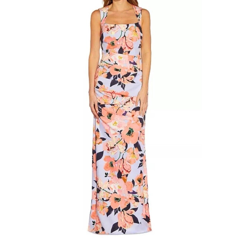 Adrianna Papell Dress Maxi Mermaid Opal Coral Print Crepe Gown Tags Womens 14 - Picture 1 of 16